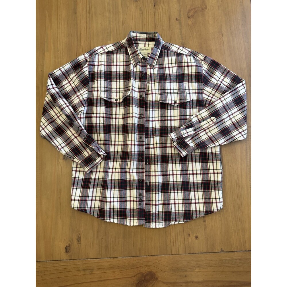 Vintage Eddie Bauer Flannel Shirt Mens L Plaid Heavy Cotton Red White Green 90s